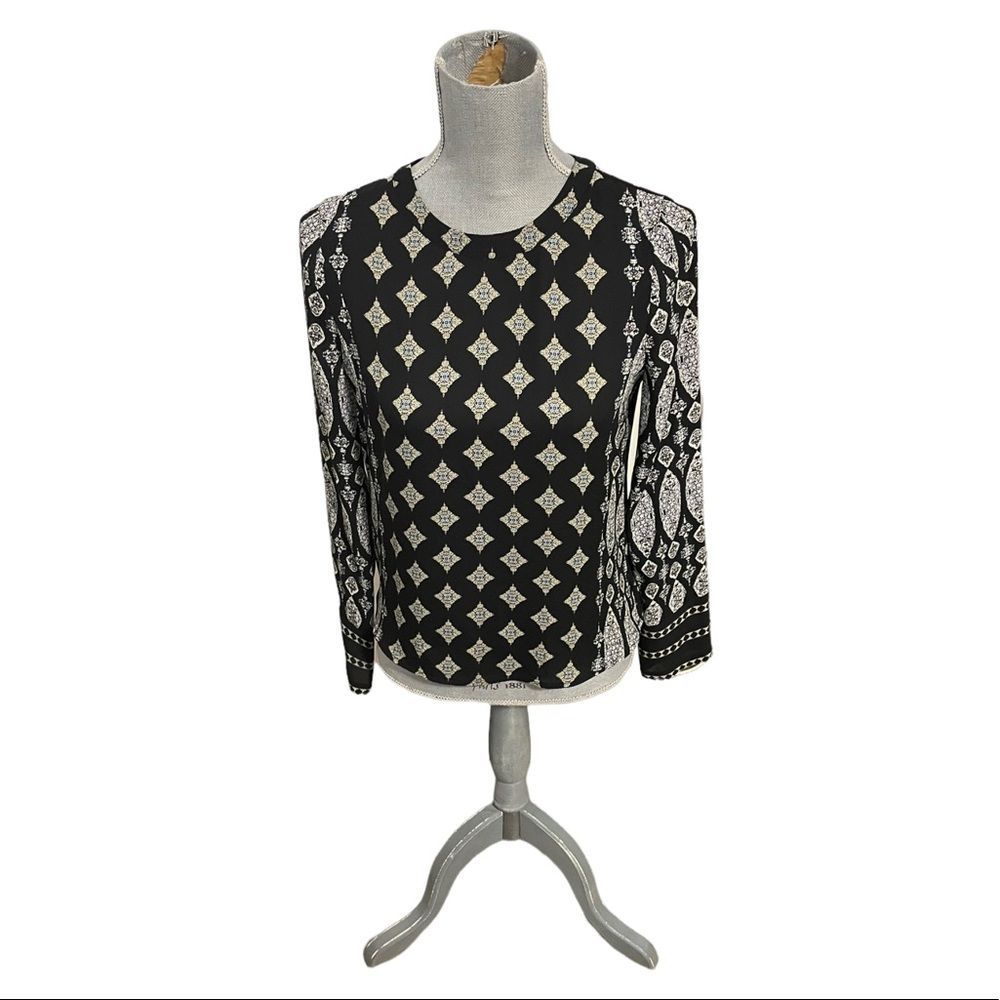 BCBG Donella Black Abstract Long Sleeve Black Blouse Women’s Size XXS
